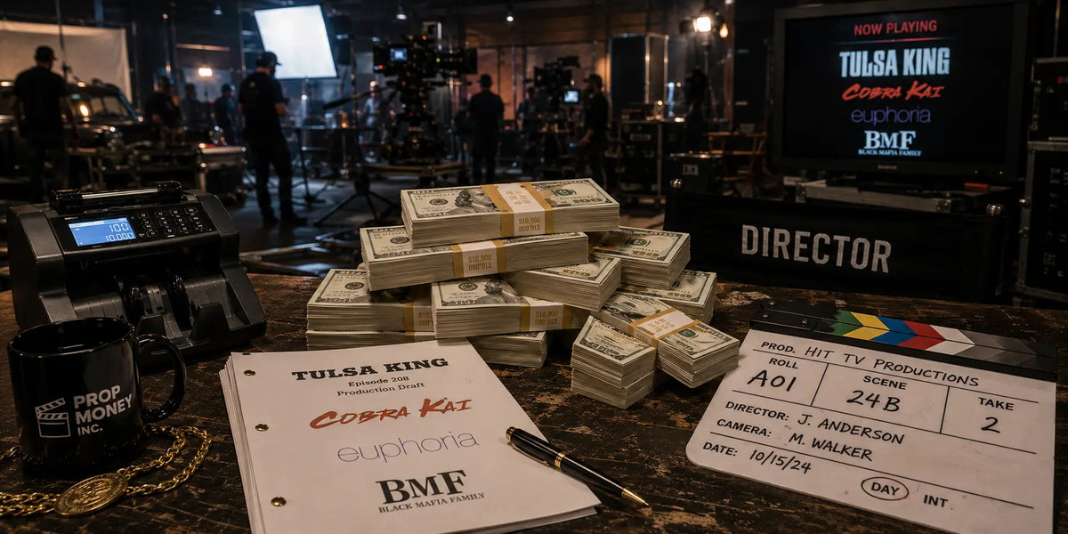 Prop money stacks and production cash used in hit television productions including Tulsa King and Cobra Kai for cinematic filming and on-set entertainment scenes.