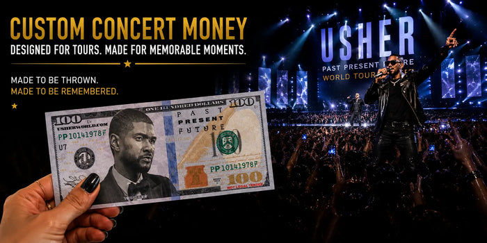 Custom concert money featuring Usher displayed in front of a packed arena during the Past Present Future World Tour, with fans holding collectible bills as custom currency flies through the air under dramatic concert lighting.