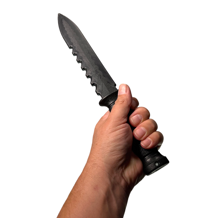 Serrated Spine Poly Training Knife with 8.5 Inch Drop Point Blade and Leather Wrapped Textured Handle Prop - Prop Money Inc.