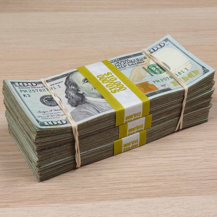 Aged prop money bundle with six full print stacks