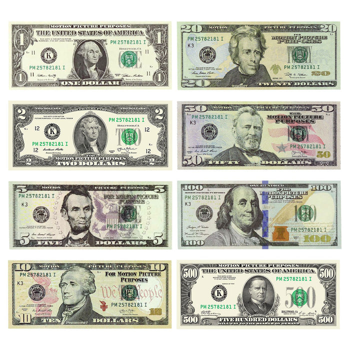 Board game play money set with multiple denominations and realistic designs