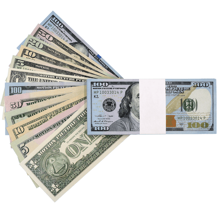 Mixed denomination prop money stack for film and content creation